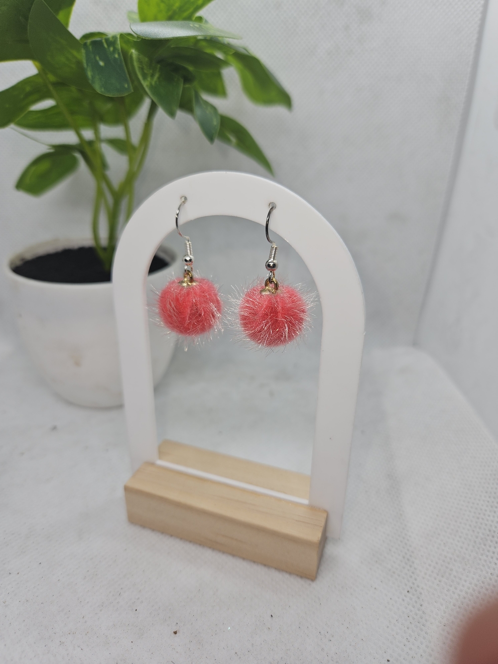 Coral Pom Pom Drop Earrings with Silver Hooks